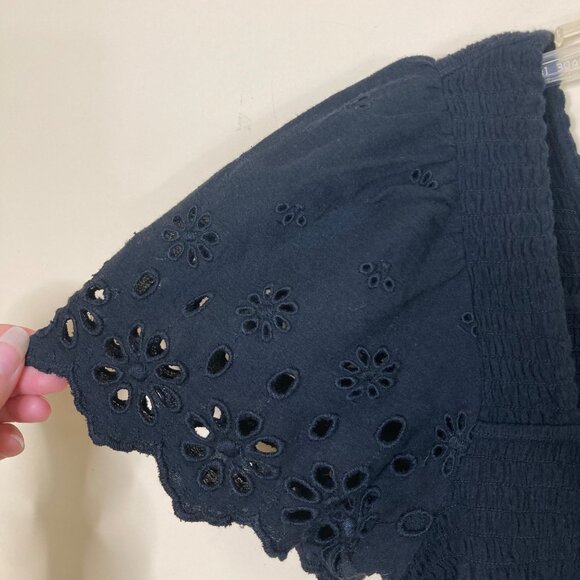 Madewell Top Womens XS Eyelet-Sleeve Lucie Smocked Peplum Black NE241 - Picture 5 of 9